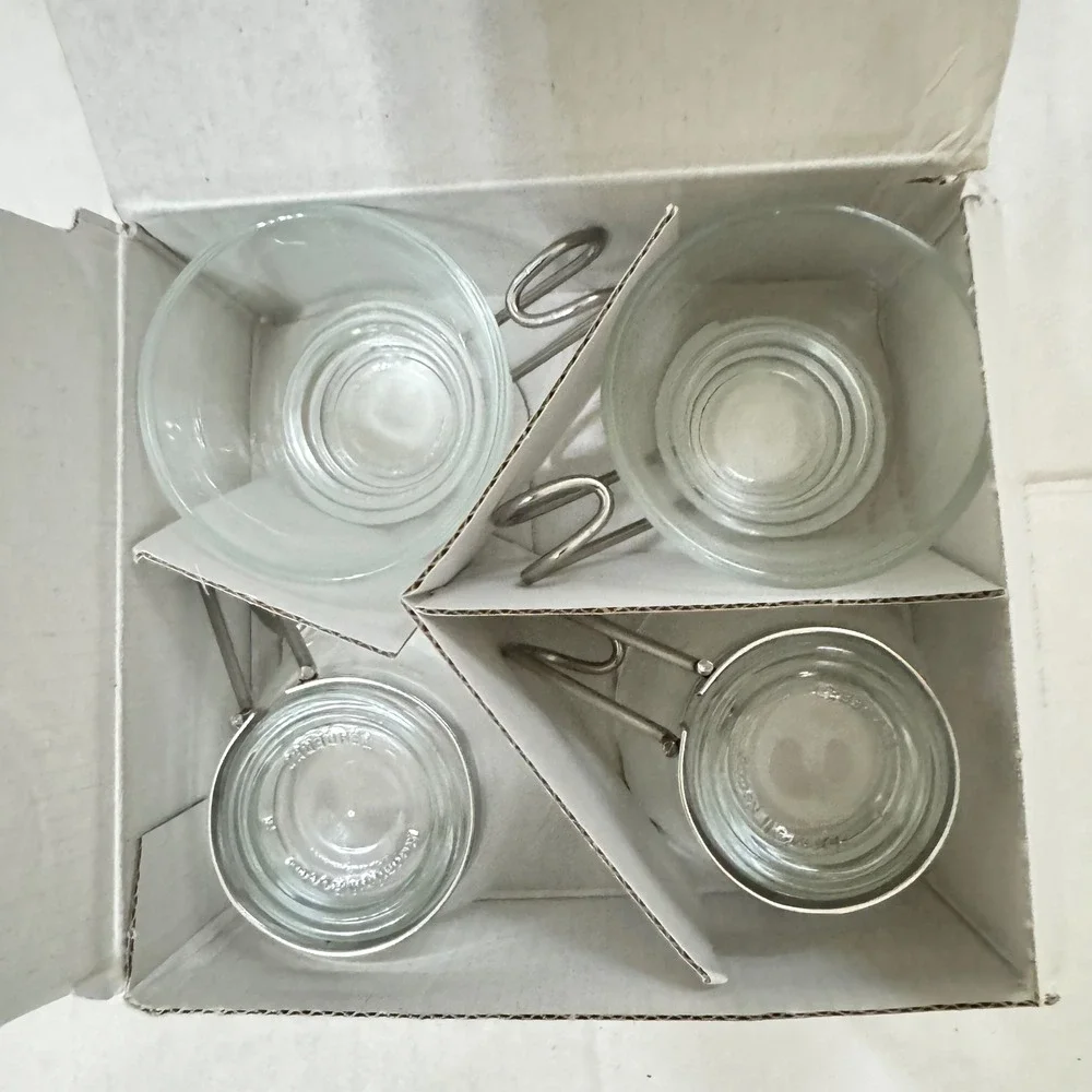Bormioli Rocco Oslo‎ Espresso Cups 4 Tempered Glass Stainless Steel 3.5oz SPAIN
